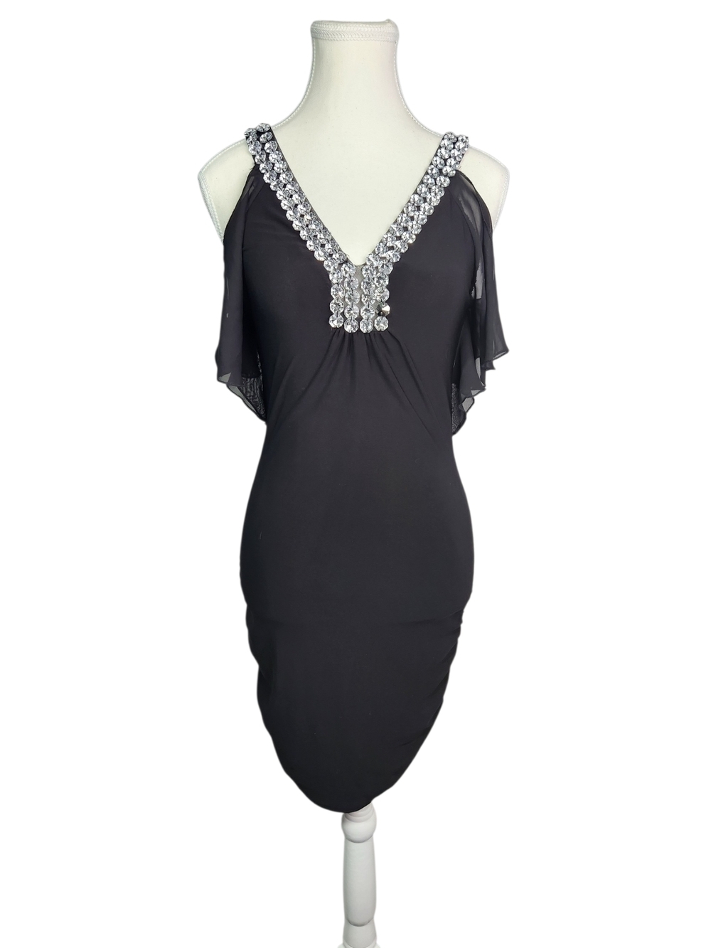 Body Central Black Rhinestone V-Neck Dress Cold Shoulder Bodycon Party Small Y2K - Picture 2 of 11